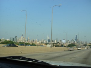 Chicago skyline through our dirty windshield...