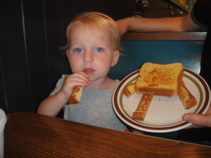 Small town diner in Chesterton, IN that makes French toast robots.  Amelia already stole the leg before I could get the picture...