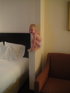 Amelia's hotel antics...she's a climber!