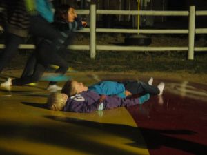 Then they were both laying down and bouncing.  How they didn't get stepped on, I have no idea...