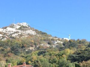 From Grenoble, looking up at the fort.  The "bubbles" are basically a cable car - we hope to ride these in the future!