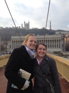 Shannon and I on the pedestrian bridge crossing the river - that cathedral on the hill had been our first stop of the day