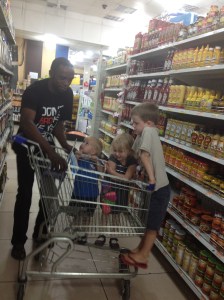 Pepe keeps the kids entertained on the cart at our first stop.